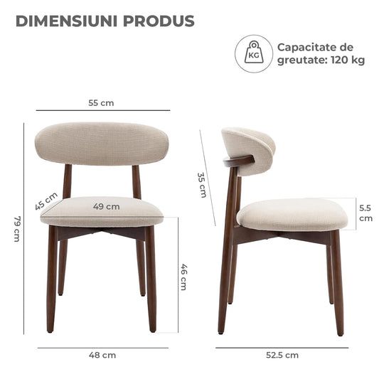 Set 2 Scaune Elindor® Ergonomice, Design Contemporan, Scaun cu Spatar si fara Manere, Tapitate cu Picioare din Lemn, Potrivite pentru Living, Bucatarie, Birou, Dormitor, 79 x 55 x 48 cm, Bej