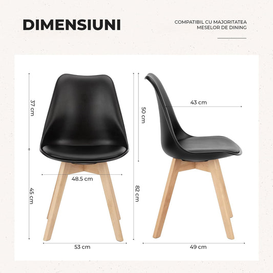 Set 4 Scaune Bucatarie Elindor® din Piele Ecologica, Picioare din Lemn, Scaun Confortabil, Perna Sezut, Elegant, pentru Bucatarie, Dormitor, Living, Negru