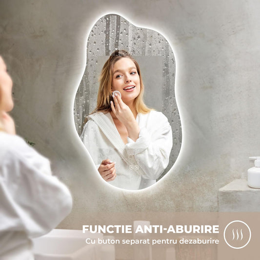 Oglinda de Perete Elindor® Asimetrica, fara Rama, Decorativa, Verticala / Orizontala, Eleganta, Ideala pentru Baie, Birou, Hol, Living, Dressing, Iluminare Led, Intensitate Ajustabila, Antiaburire, 3 Temperaturi de Culoare, 85 x 52 cm