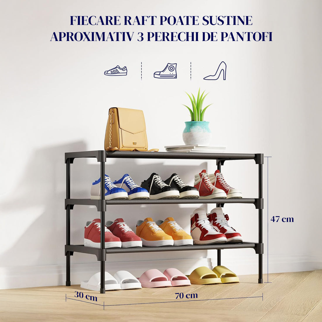 Organizator pentru Pantofi Elindor® Pantofar cu 3 Nivele Mari, Fara Gauri, Suport Metalic pentru Papuci, Dulap Hol, Dormitor, Economisire Spatiu, Depozitare Incaltaminte, 30 × 70 × 47 cm, Negru