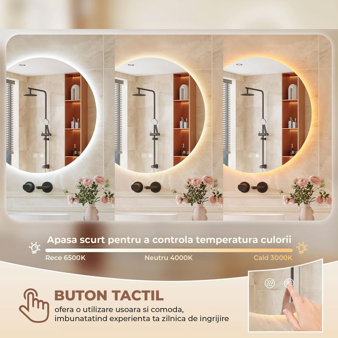 Oglinda de Perete Elindor® Rotunda, fara Rama, Decorativa, Eleganta, Ideala pentru Baie, Birou, Hol, Living, Dressing, Iluminare Led, Intensitate Ajustabila, Antiaburire, 3 Temperaturi de Culoare, 50 x 50 cm