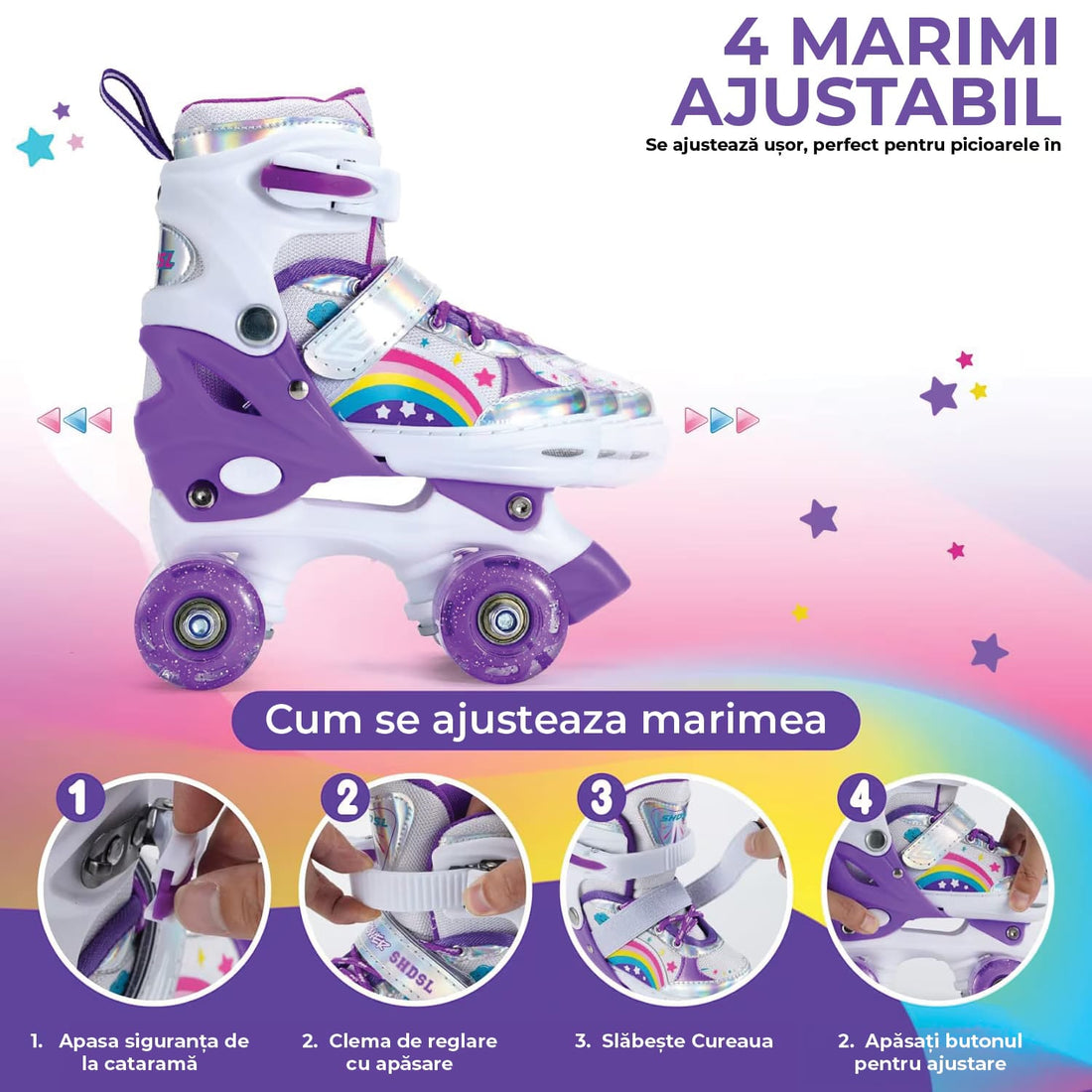Role Reglabile pentru Copii și Adulți, 4 Roți Luminoase, Model Curcubeu, Mărimea XS 26-30, Mov