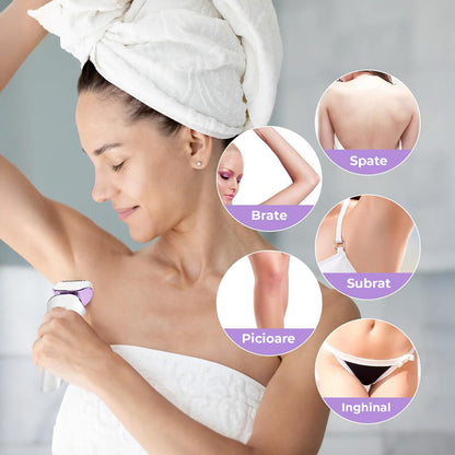 Epilator Umed și Uscat, 3 Tipuri de Lame Detașabile, IPX 6, Reîncărcabil USB, Stație de Încărcare, 900mAh, Mov