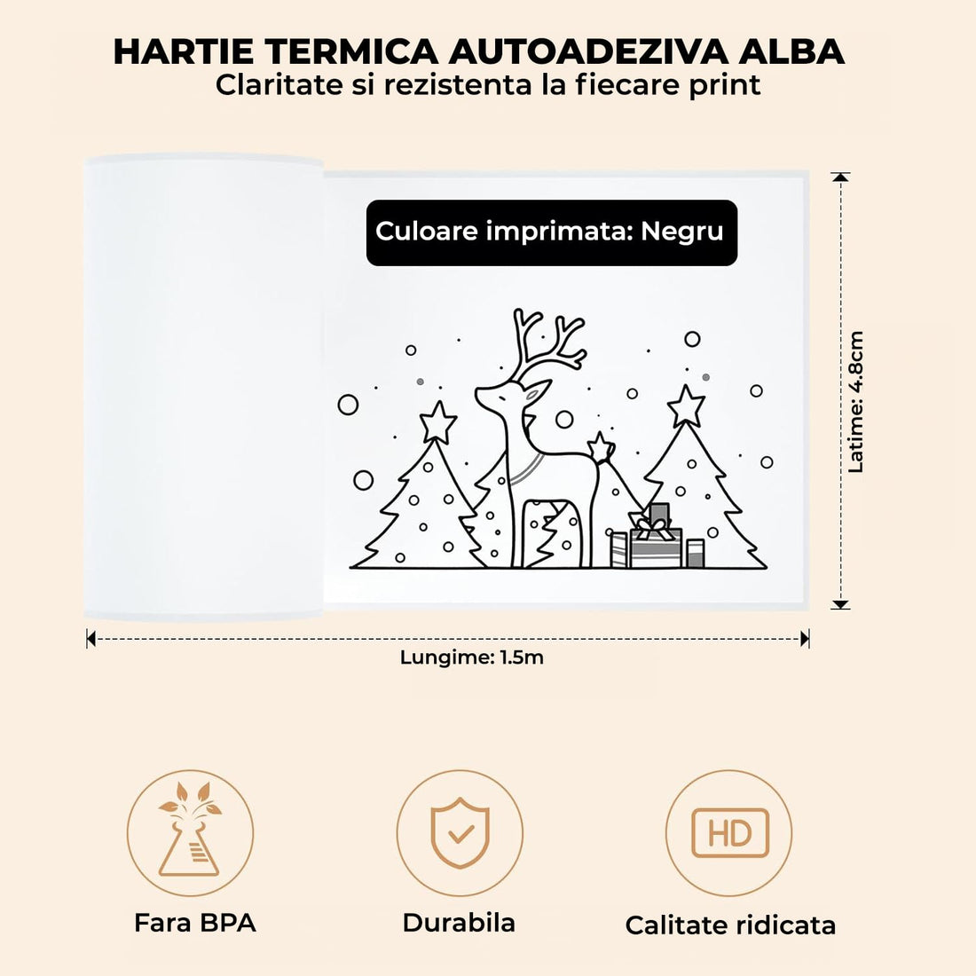 Rola Hârtie Termică Elindor® 1.5m x 4.8cm, Set 3 Buc