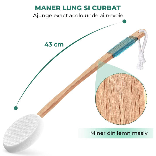 Aplicator pentru Lotiune Elindor® de Spate, 4 Paduri / Bureti Interschimbabili Eva, Maner Curbat 43 cm, pentru Autoaplicare Crema, Ulei, Protectie Solara, si pentru Picioare, Maini, Corp, Alb