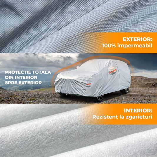 Prelata Auto Gri 6 Straturi Elindor®, Impermeabila, Toate Anotimpurile, Husa Protectie Completa, Antigrindina, Ploaie, Anti Soare, Bumbac, Compatibila pentru SUV, Accesorii Masina Exterior, 450x183x143 cm