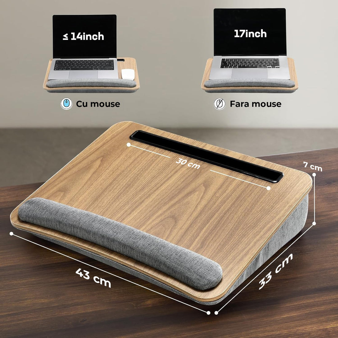 Suport Universal Maro pentru Laptop Elindor®, Masa Multifunctionala, din Lemn, Birou Portabil cu Sertar de Depozitare si Suport pentru Tableta, Masuta Stand Dimensiuni 43x33x7 cm