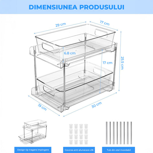 Set 2 Organizatoare Transparente Elindor® cu 2 Nivele, Recipient de Depozitare Multifunctional si Glisant, Organizator pentru Dulapul de sub Chiuveta din Baie si Bucatarie, 30 × 19 × 25.5 cm
