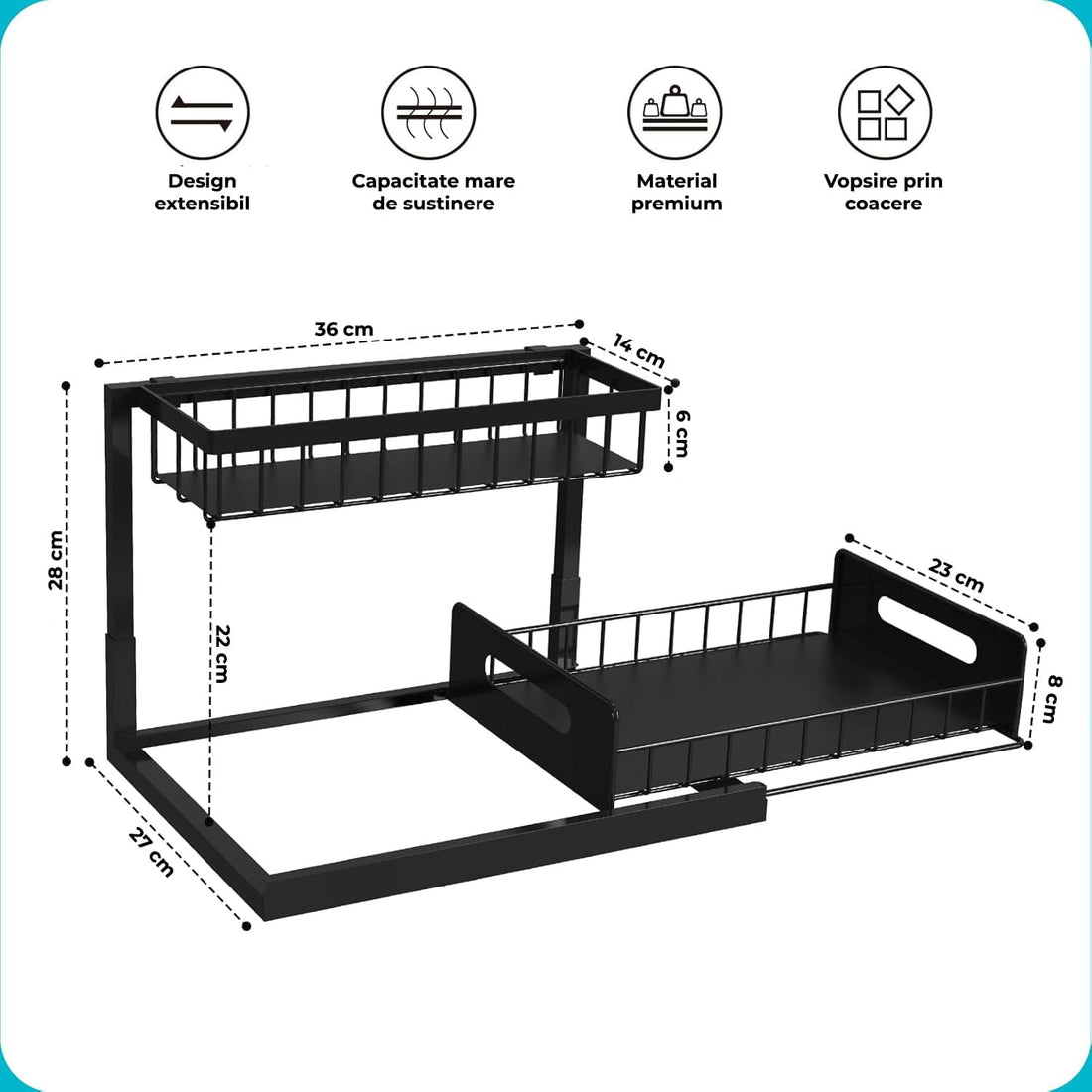 Organizator Sub Chiuvetă Elindor® cu Sertar Glisant și 2 Rafturi, Negru
