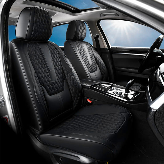 Set 2 Huse Scaune Auto Universale Elindor®, Piele Ecologica Impermeabila, Cu Suport Lombar, Rezistente la Zgarieturi, Compatibile Cu Civic, Duster, Golf, Passat, Qashqai, X5, Instalare Usoara, Protectie Interior Masina, Negru