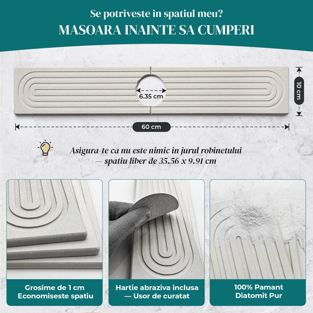 Covoras Multifunctional Absorbant Elindor®, Tava din Diatomit Antiderapant, pentru Protectie Baterie Chiuveta, Protectie Blat Bucatarie, Baie, Covoras Uscare Cani, Burete Vase, Sticla Detergent, Sapun, Usor de Curatat si Reutilizabil, 60 × 10 cm, Gri Desc