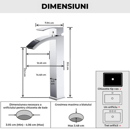 Baterie Chiuveta Vas Elindor®, Robinet Cascada, Design Modern, Alama Solida, Argintiu
