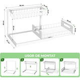 Organizator cu sertare Metalice Glisant Elindor® pe 2 Nivele pentru Dulap, sub Chiuveta sau Blat, Raft cu Sertare pentru Camara,Accesoriu Organizare Bucatarie si Baie, Sistem de Glisare si Antialunecare, ,Accesorii Depozitare, Alb