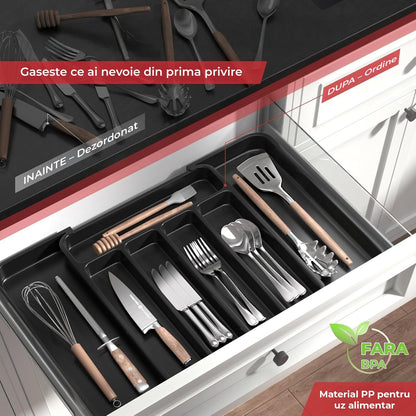 Organizator Negru Elindor® pentru Tacamuri si Ustensile de Bucatarie, 7 Compartimente, Sertar Extensibil 22-38 cm, Suport Ajustabil pentru Cutite, Linguri, Furculite, Accesorii Bucatarie, Separator Sertar, PP