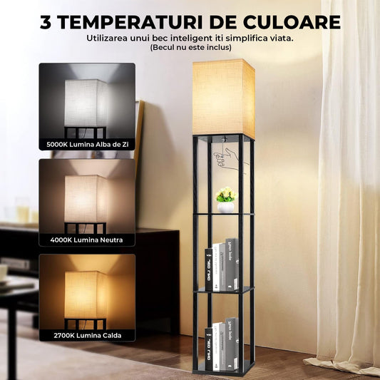Lampa de Podea Elindor® cu 3 Rafturi din MDF, 3 Tipuri de Lumina, Bec Neinclus, Design Elegant, Negru