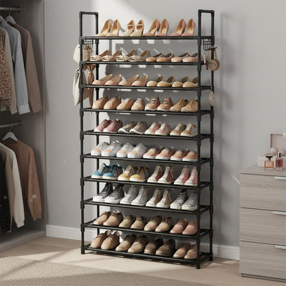 Organizator pentru Pantofi Elindor® Pantofar cu 10 Nivele Mari si 10 Carlige Metalice, Fara Gauri, Suport Metalic pentru Papuci, Dulap Hol, Dormitor, Economisire Spatiu, Depozitare Incaltaminte, 25 × 86 × 173 cm, Negru