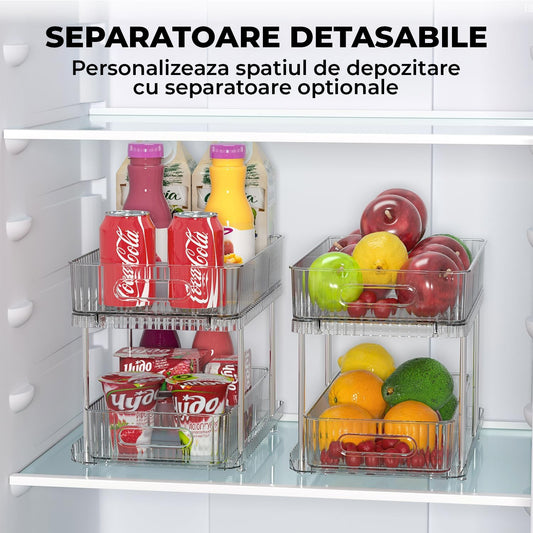 Set 2 Organizatoare Transparente Elindor® cu 2 Nivele si Separatoare, Recipient de Depozitare Multifunctional si Glisant, Organizator pentru Dulapul de sub Chiuveta din Baie si Bucatarie, 30.4 x 23 x 16 cm