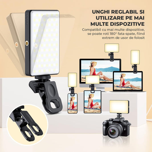 Lampa LED Portabila Elindor® pentru Telefon, Tableta, Laptop, Camera, Lumina Profesionala Compacta pentru Selfie si Machiaj, cu Clip Reglabil si Suport Trepied, 3 Moduri Culoare Alb, Cald, Natural, 10 Trepte Intensitate, Baterie Reincarcabila, Negru