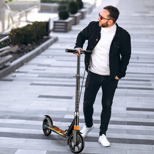 Trotineta pentru Copii si Adulti Elindor® cu Amortizor, Pliabila, pentru Freestyle, Fete si Baieti, Ghidon Ajustabil 78 - 105 cm, Frana din Miscare, Greutate Maxima Suportata 200 kg, Suprafata Antiderapanta, Negru