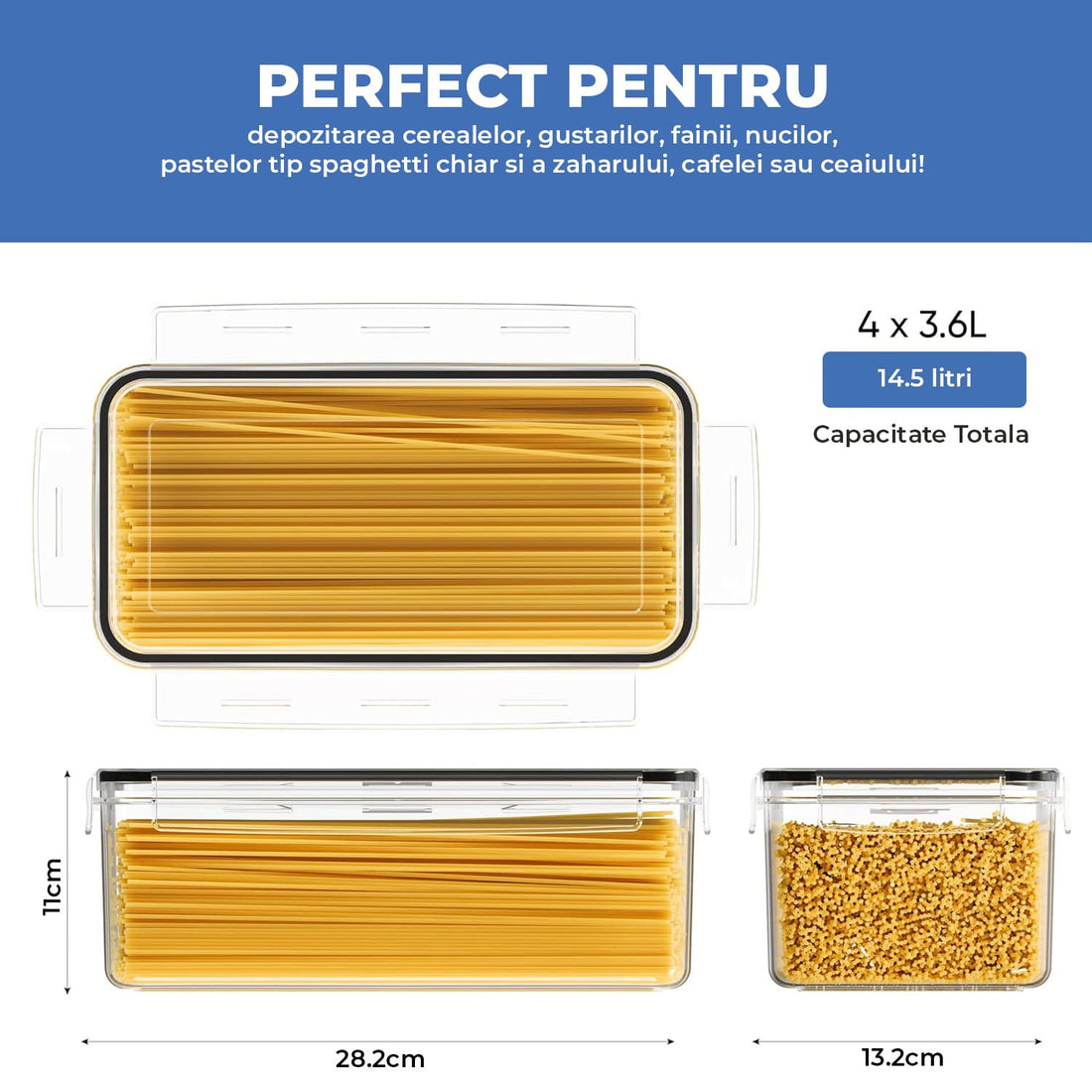 Set 4 Recipiente Depozitare Elindor® Capacitate 3.6L, Etanse, pentru Paste si Cereale, Transparent