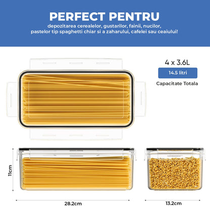 Set 4 Recipiente Depozitare Elindor® Capacitate 3.6L, Etanse, pentru Paste si Cereale, Transparent