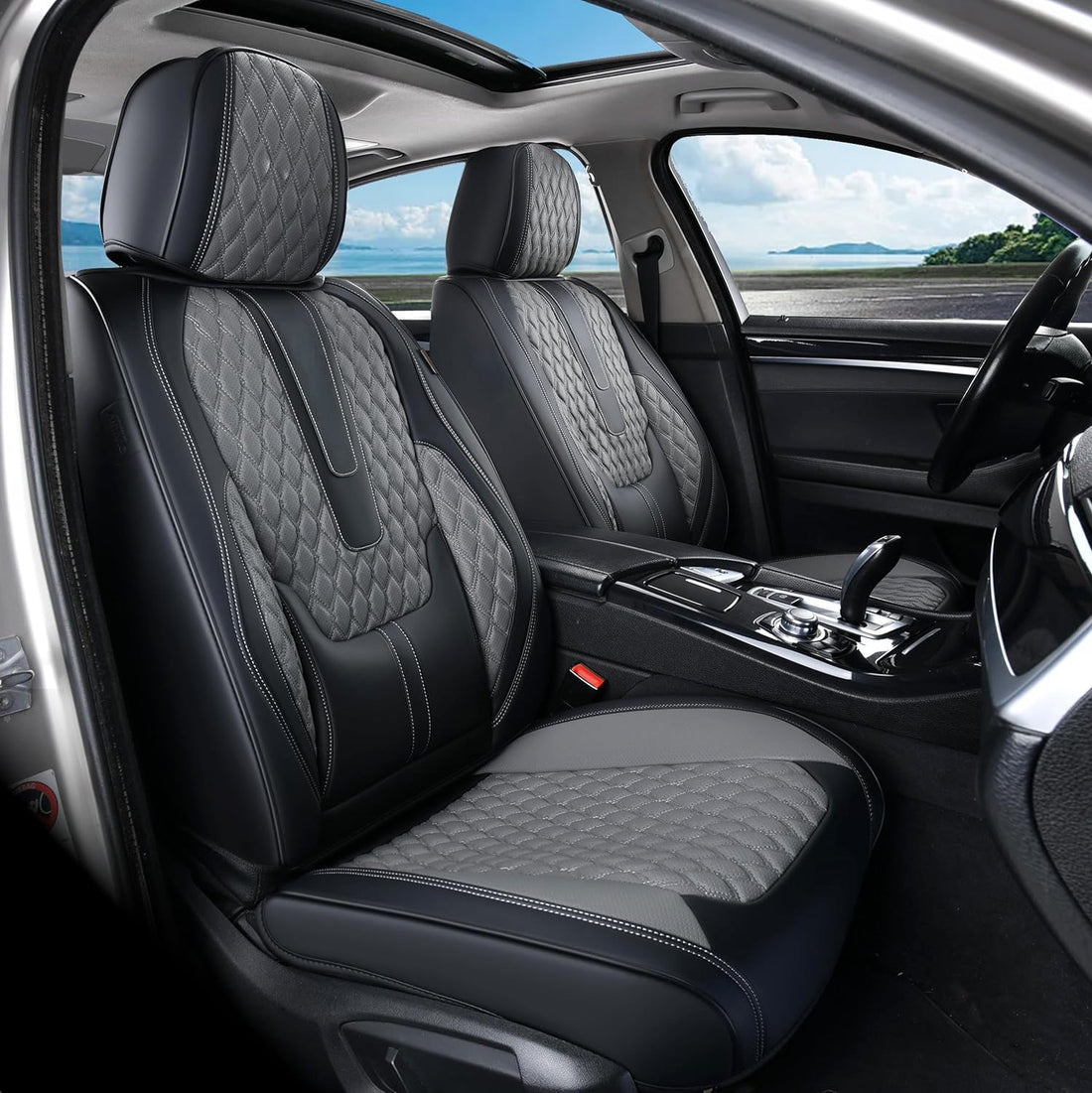 Set Complet de 3  Huse Scaune Auto Elindor®, Piele Nappa, Protectie Bancheta si Scaun, Montaj Rapid, Husa Impermeabila, Acoperire Spatar si Sezut, Acceosirii Masina Interior, Universale Compatibile cu VW, Dacia, Renault, BMW, Ford, Skoda, Hyundai, Gri