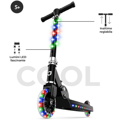 Trotinetă cu Lumini LED Elindor® pentru Copii, Pliabilă și Reglabilă, Neagră
