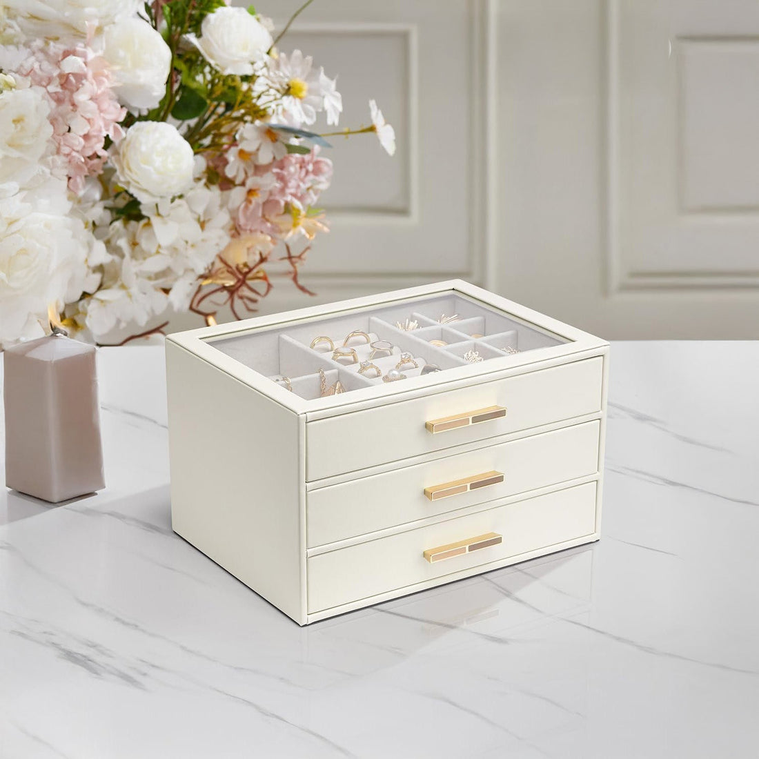 Cutie de Bijuterii Elindor® 3 Sertare si Geam Transparent, Organizator Elegant Pentru Inele, Cercei, Bratari Si Coliere, Design Modern, Alb