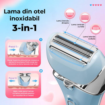 Aparat de Ras Electric Elindor® pentru Femei, 3-In-1, USB Reincarcabil, Ras Uscat/Umed, Albastru