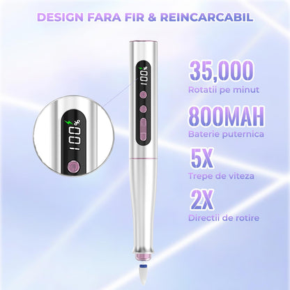 Freza Unghii Reîncărcabilă Elindor® 35.000 RPM, Afisaj LED, 5 Viteze, Alb
