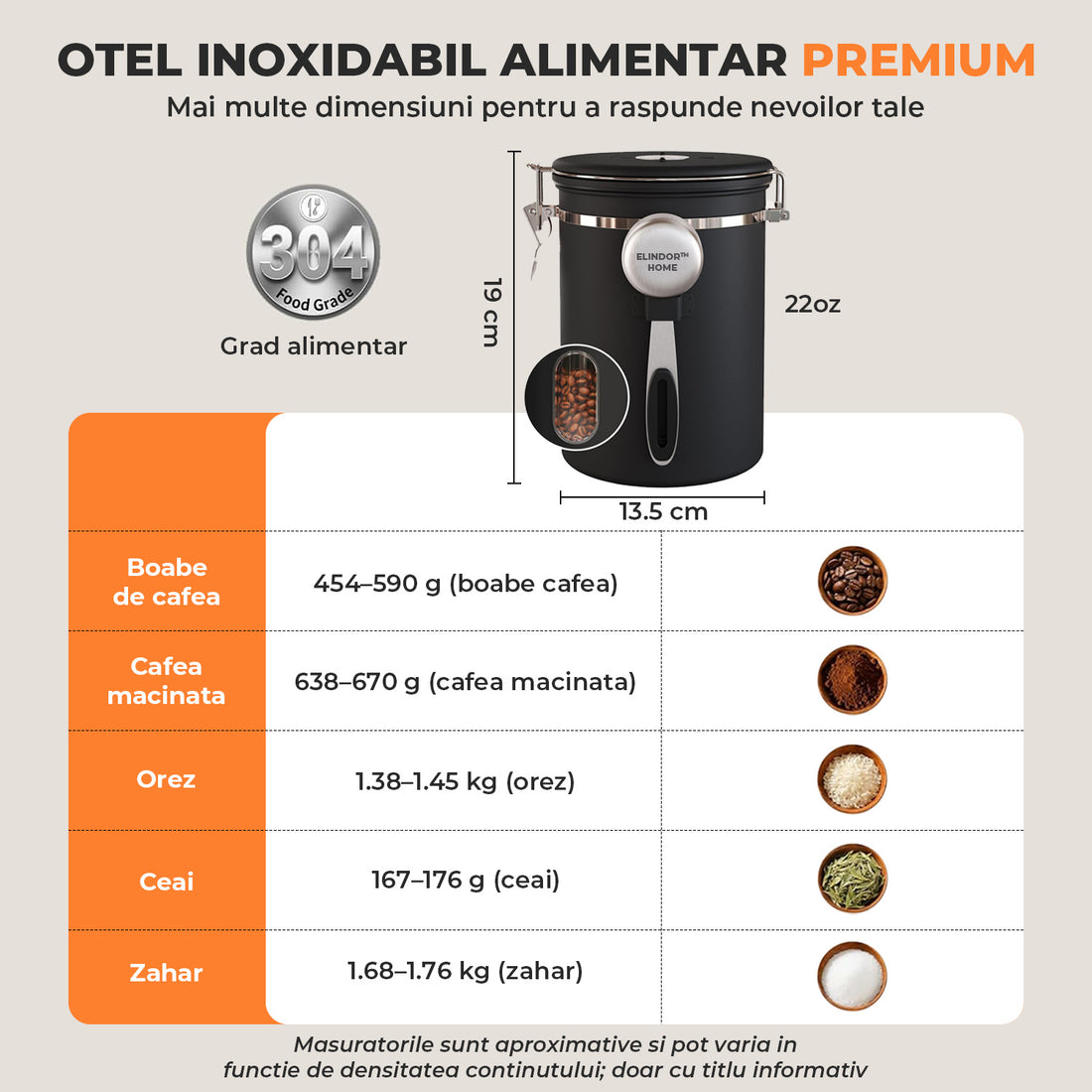 Recipient Inox pentru Cafea Elindor® Borcan Etans cu Capac si Lingurita, Cutie Depozitare Zahar, Ceai, Paste, Orez, Cereale, Faina, Prajituri, Supe, Alimente, Caserola Bucatarie, pentru Frigider si Congelator, 650 ml, Geam Transparent, Negru
