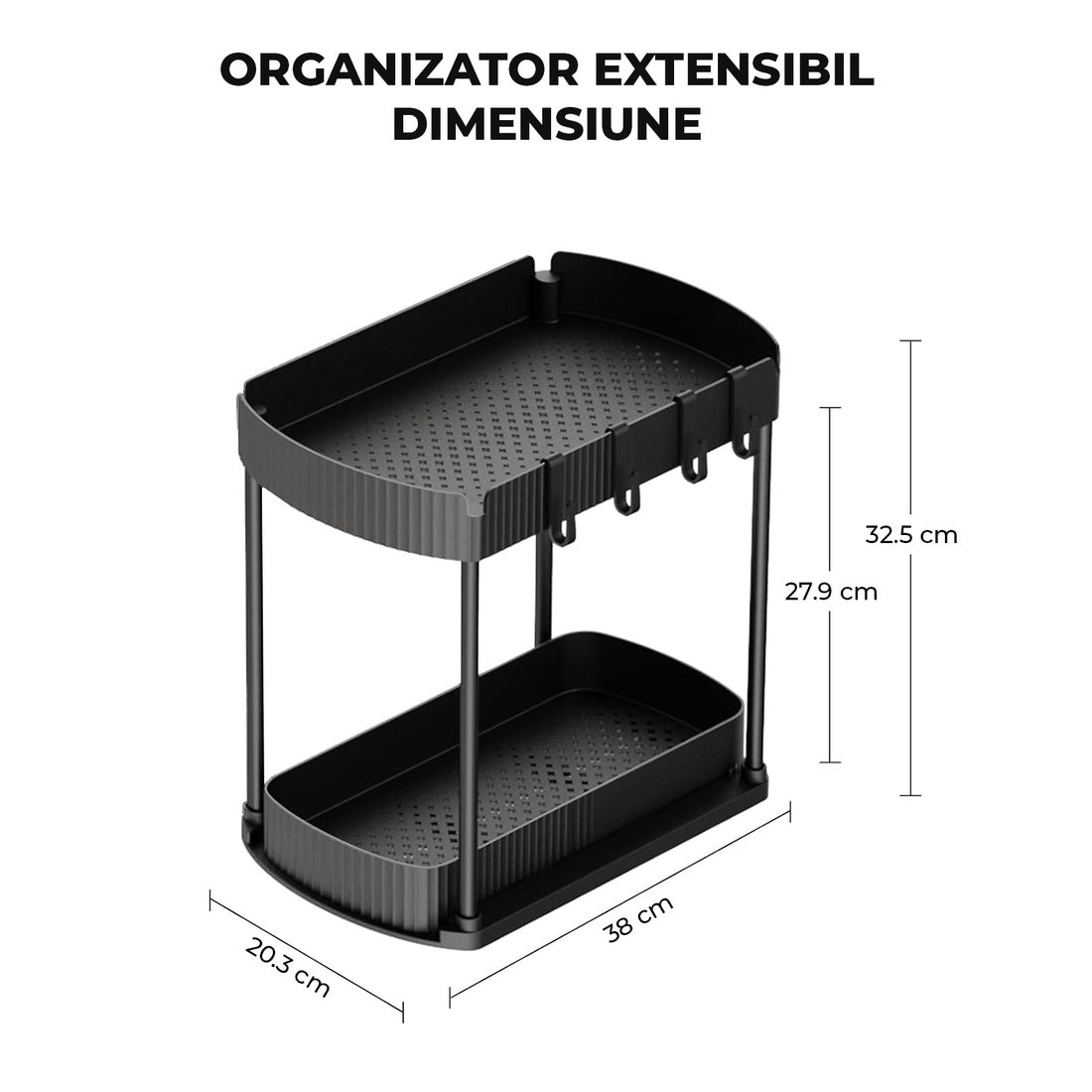 Organizator Elindor® cu 2 Nivele, Recipient de Depozitare Multifunctional si Glisant, Organizator pentru Dulapul de sub Chiuveta din Baie si Bucatarie, 20.3 x 38 x 32.5 cm, Negru