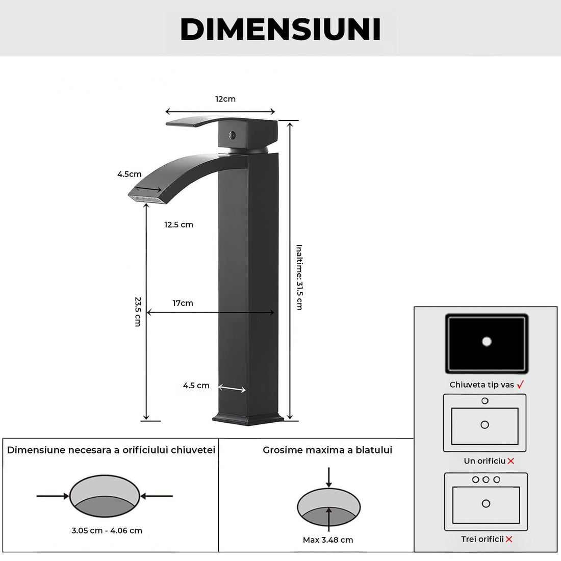 Baterie Chiuveta Vas Elindor®, Robinet Cascada, Design Modern, Alama Solida, Negru