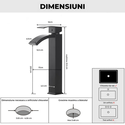 Baterie Chiuveta Vas Elindor®, Robinet Cascada, Design Modern, Alama Solida, Negru