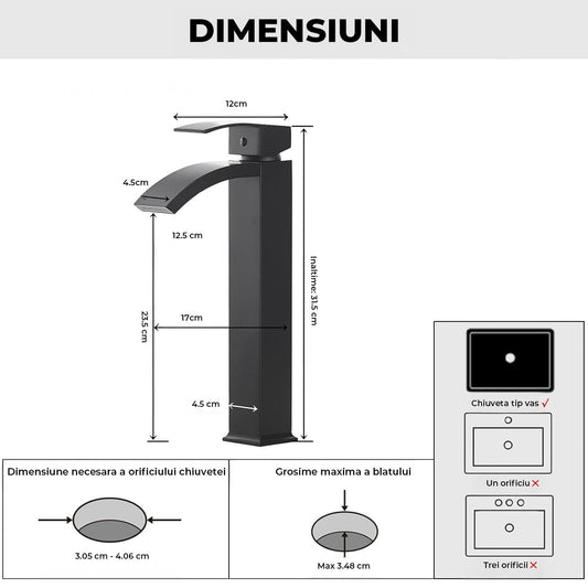 Baterie Chiuveta Vas Elindor®, Robinet Cascada, Design Modern, Alama Solida, Negru