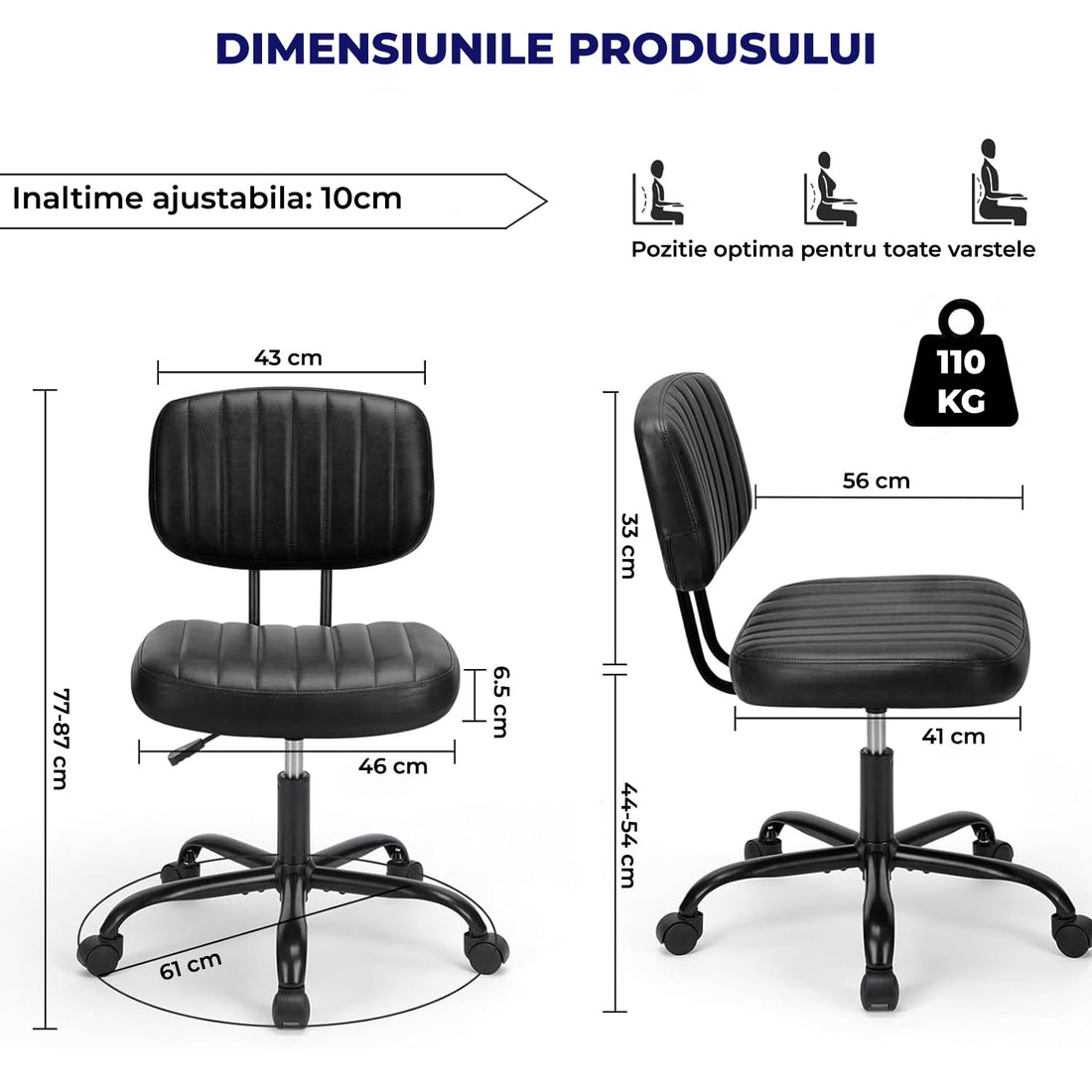 Scaun de Birou Elindor® Fără Brațe, Rotativ, Reglabil, Negru