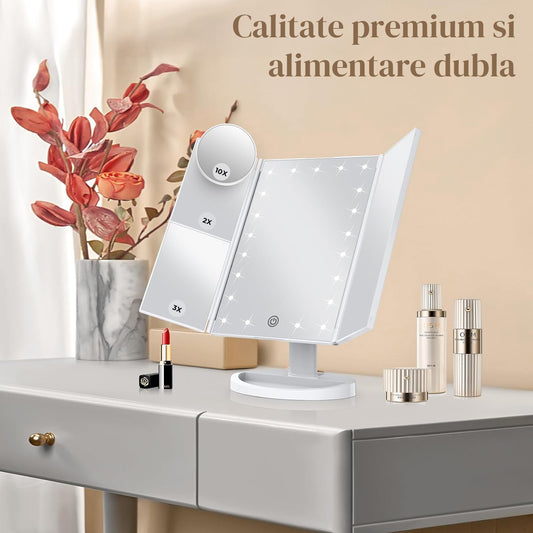 Oglinda Cosmetica Elindor® cu Iluminare LED, Marire 2X, 3X, 10X, Control Tactil, Alimentare Dubla, Alb