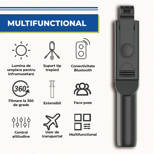 Selfie Stick 3 in 1 Elindor® cu Trepied Foto Telescopic pentru Telefon, Inaltime Reglabila, Rotatie 360°, Ajustabil 240°, Telecomanda Bluetooth Detasabila, Universal, Compatibil iOS/Android, Negru