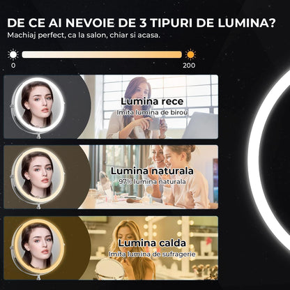 Oglinda Cosmetica Elindor® LED, Marire 10X, 3 Culori de Lumina, Baterie 2000mAh, Diametru 20 cm, Argintiu