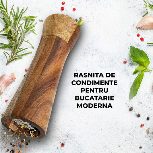 Set 2 Rasnite Manuale Elindor®, Recipiente Condimente, Sare si Piper, Solnita din Lemn de Salcam pentru Bucatarie, Macinare Ceramica Durabila, Perie Curatare Inclusa, Design Natural si Elegant, Ideal  pentru Cadou, 21 cm