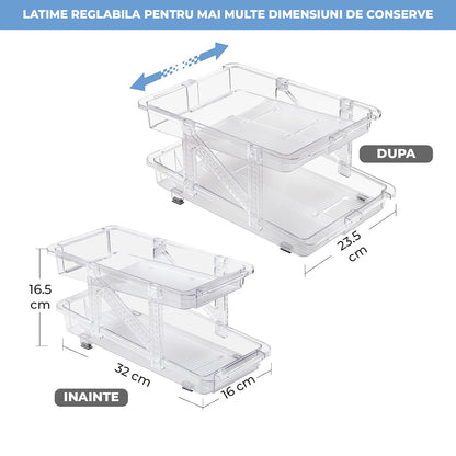 Organizator Bauturi Elindor® pentru Frigider, Dulap sau Blat, 10-11 Doze de 330-500 ml, 2 Nivele, Ajustabil, Antiderapant, Potrivit si pentru Iaurt,32 x 23.5 x 16.5 cm, Transparent