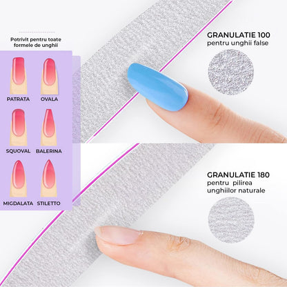 Set 10 Pile Unghii Profesionale Elindor® Granulatie 100/180 Reutilizabile Semiluna pentru Manichiura Pedichiura Unghii Naturale si False, Gri