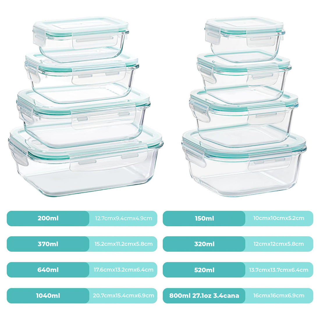 Set de 8 Caserole Elindor® din Sticla, Recipiente Ingrediente pentru Bucatarie, pentru Alimente Uscate, Recipient pentru Depozitare Cafea, Zahar, Paste, Cereale, Capac Etans, Potrivit pentru Congelator, Transparent