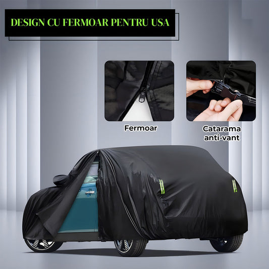 Prelata Auto Neagra 3 Straturi Elindor®, Impermeabila, Toate Anotimpurile, Husa de Protectie Completa, Antigrindina, Ploaie, Anti Soare, Accesorii Masina Exterior, Hatchback M, 382x165x120 cm