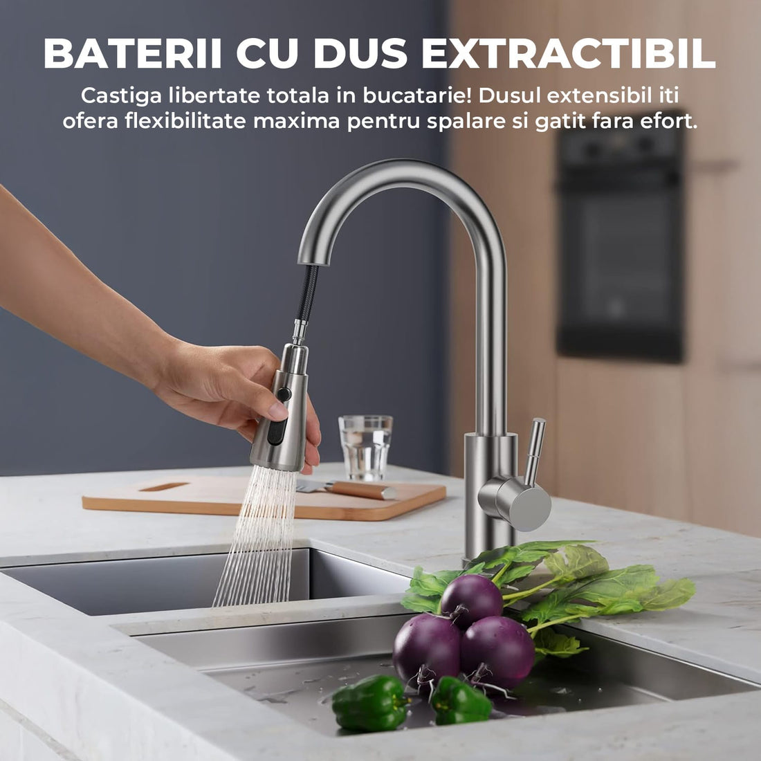 Robinet Bucatarie cu Pipa Inalta Elindor®, Pulverizator Retractabil, Aerator Detasabil, Otel Inoxidabil, Argintiu