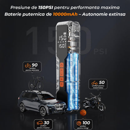 Compresor de Aer Elindor® Portabil 150PSI, 10000mAh cu Afisaj Digital si Lumina LED, Pompa Auto, Negru