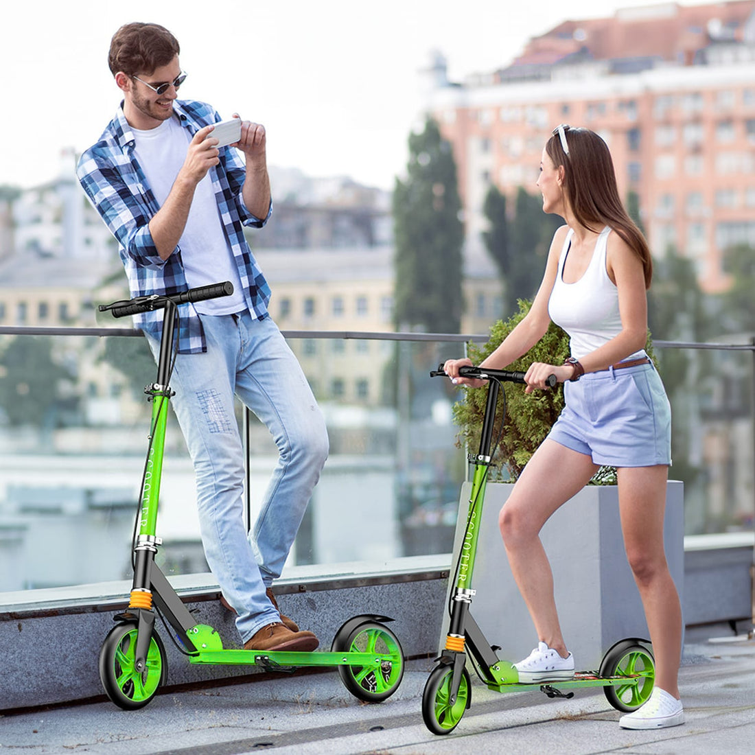 Trotiinetă Pliabilă cu Amortizor Elindor®, Frână Spate și Platformă Antiderapantă, Verde