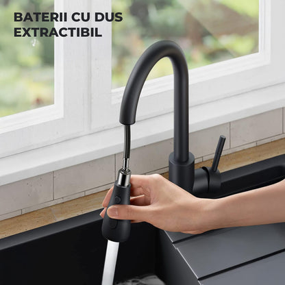 Robinet Bucatarie cu Pipa Inalta Elindor®, Pulverizator Retractabil, Aerator Detasabil, Otel Inoxidabil, Negru