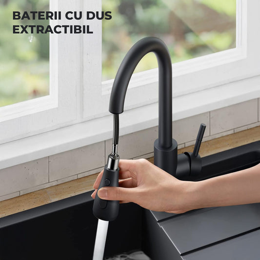 Robinet Bucatarie cu Pipa Inalta Elindor®, Pulverizator Retractabil, Aerator Detasabil, Otel Inoxidabil, Negru