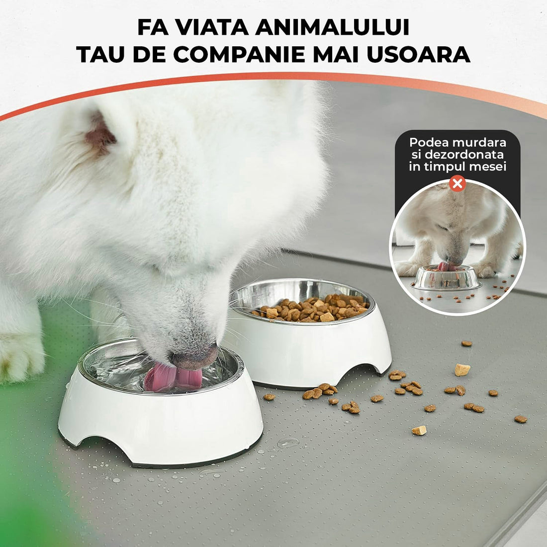 Covoras Hranire Silicon Elindor® pentru Caini si Pisici, Suport Antialunecare si Impermeabil pentru Boluri Hrana si Apa, Margine Inaltata 0.6 cm, Usor de Curatat, Rezistent, 60x40 cm, Potrivit pentru Calatorii si Utilizare Zilnica, Gri